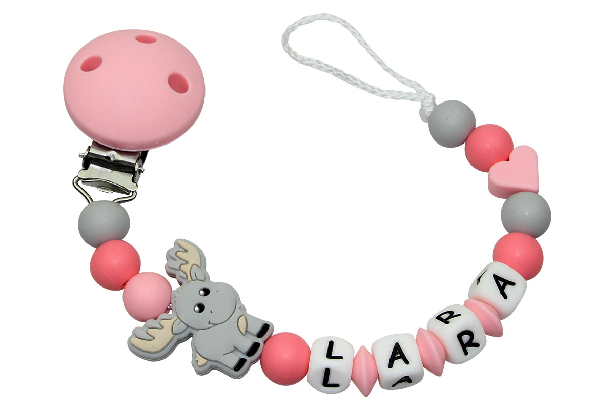 Nuggikette Silicone avec nom Moose Pastel rose: Gris clair