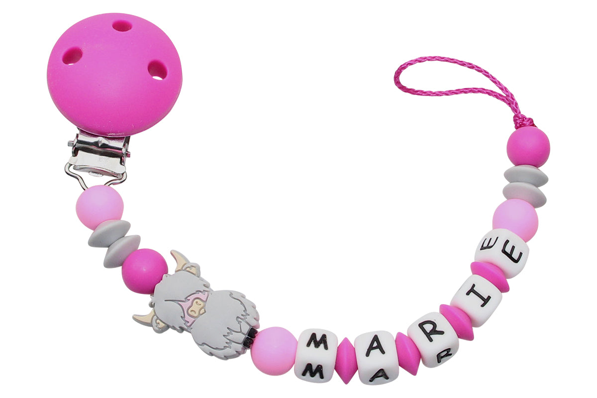 Nuggikette Silicone avec nom Highland Cow Rose foncé: gris clair