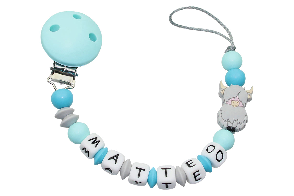 Nuggikette Silicone avec nom Highland Cow Aqua: Gris clair