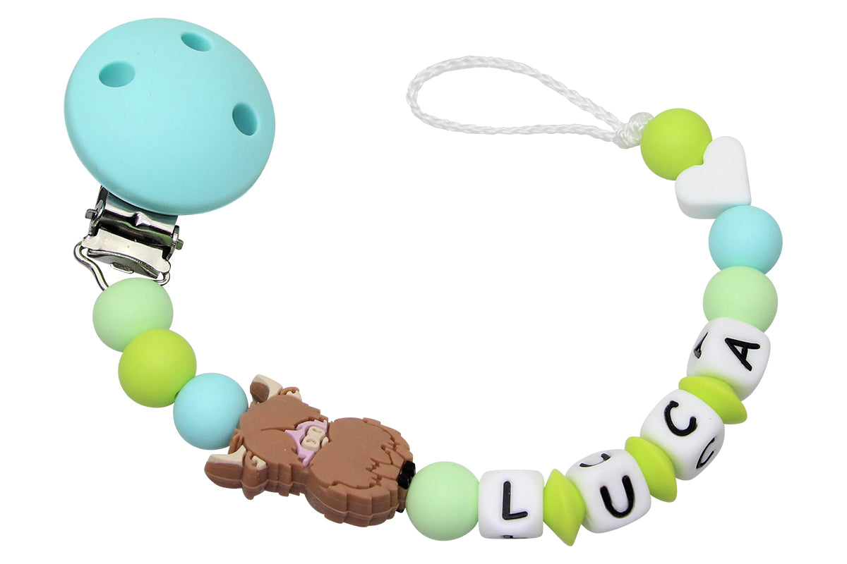 Nuggikette Silicone avec nom Highland Cow Aqua