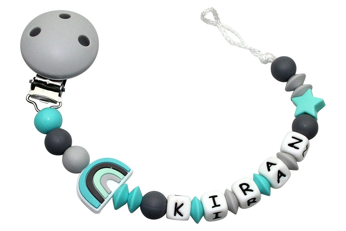 Silicone pacifier chain with name rainbow light gray:turquoise