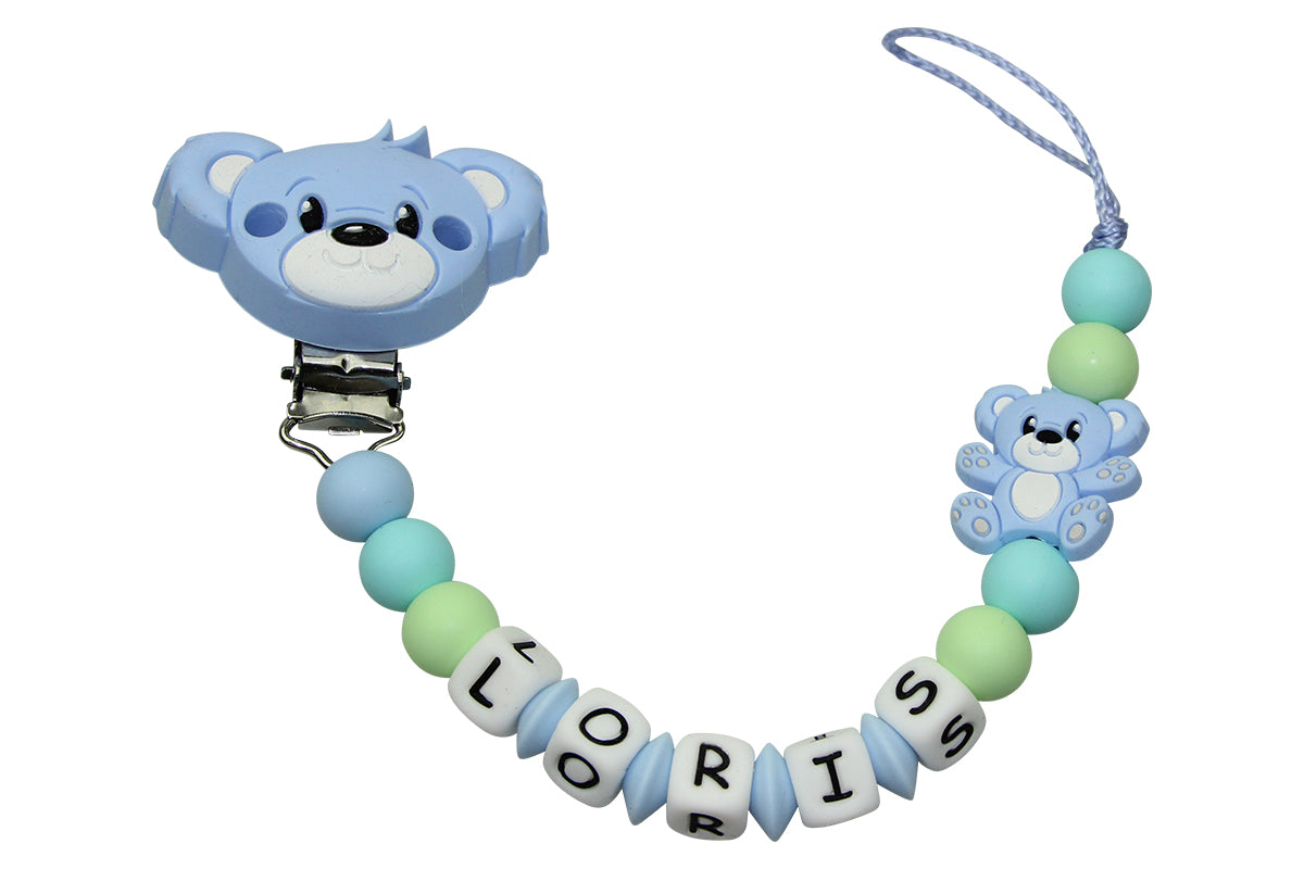 Nuggikette Silikon mit Name Teddyclip pastellblau