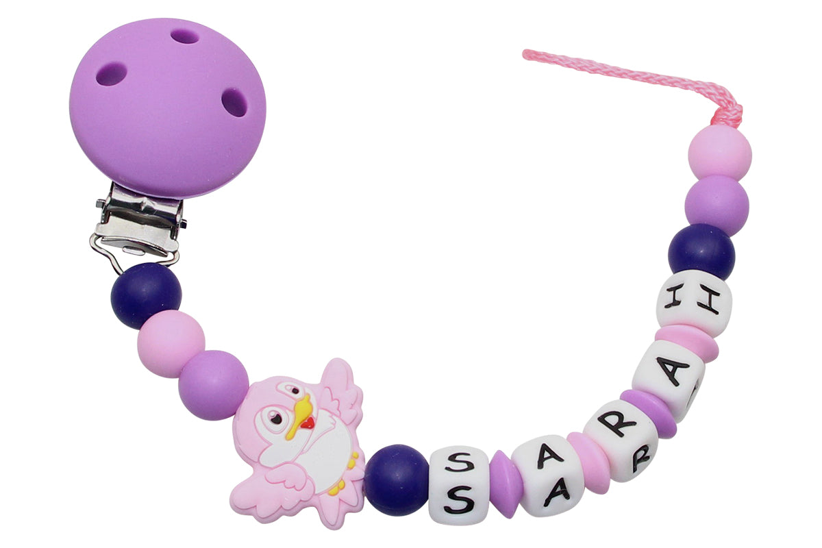 Nuggikette Silikon mit Name Vogel purple:zartrosa