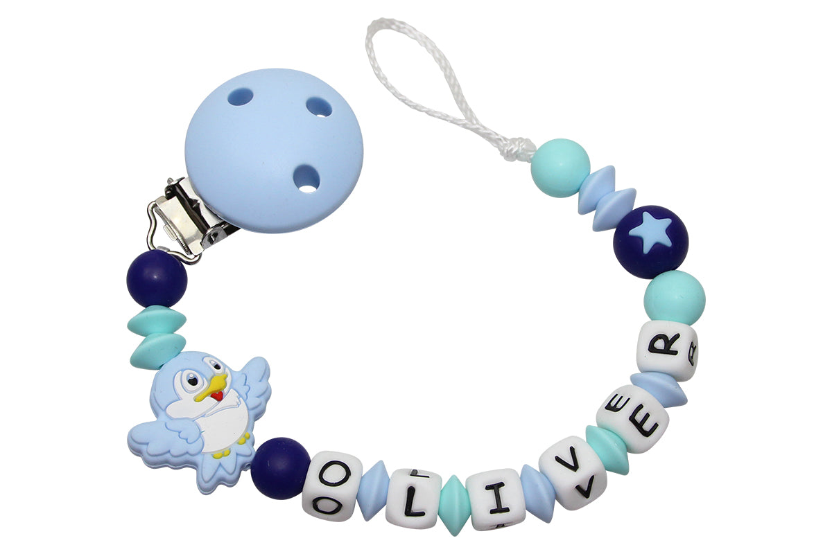 Nuggikette Silicone avec nom Bird Pastel bleu