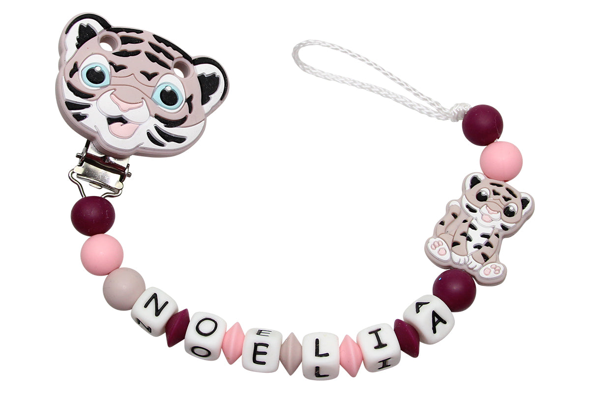 Nuggikette Silicone avec nom Tiger Clip Rosebraun