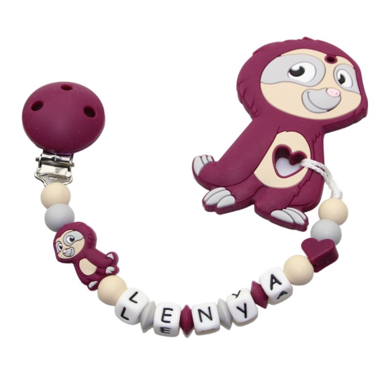 Nuggikette Silikon mit Name und Anhänger Faultier rotwein:beige